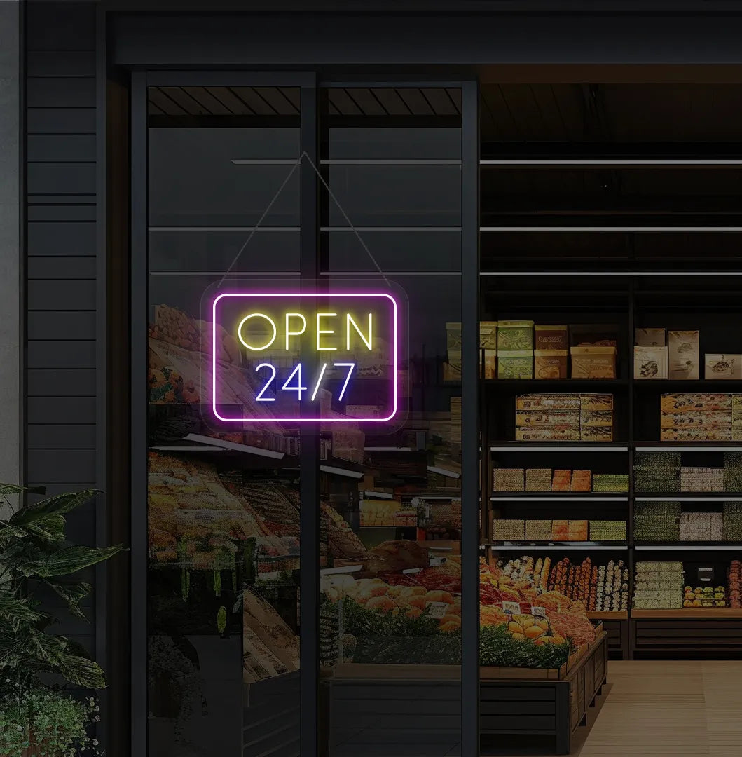 Image of storefront glass door with "24/7 open" neon sign glowing blue.