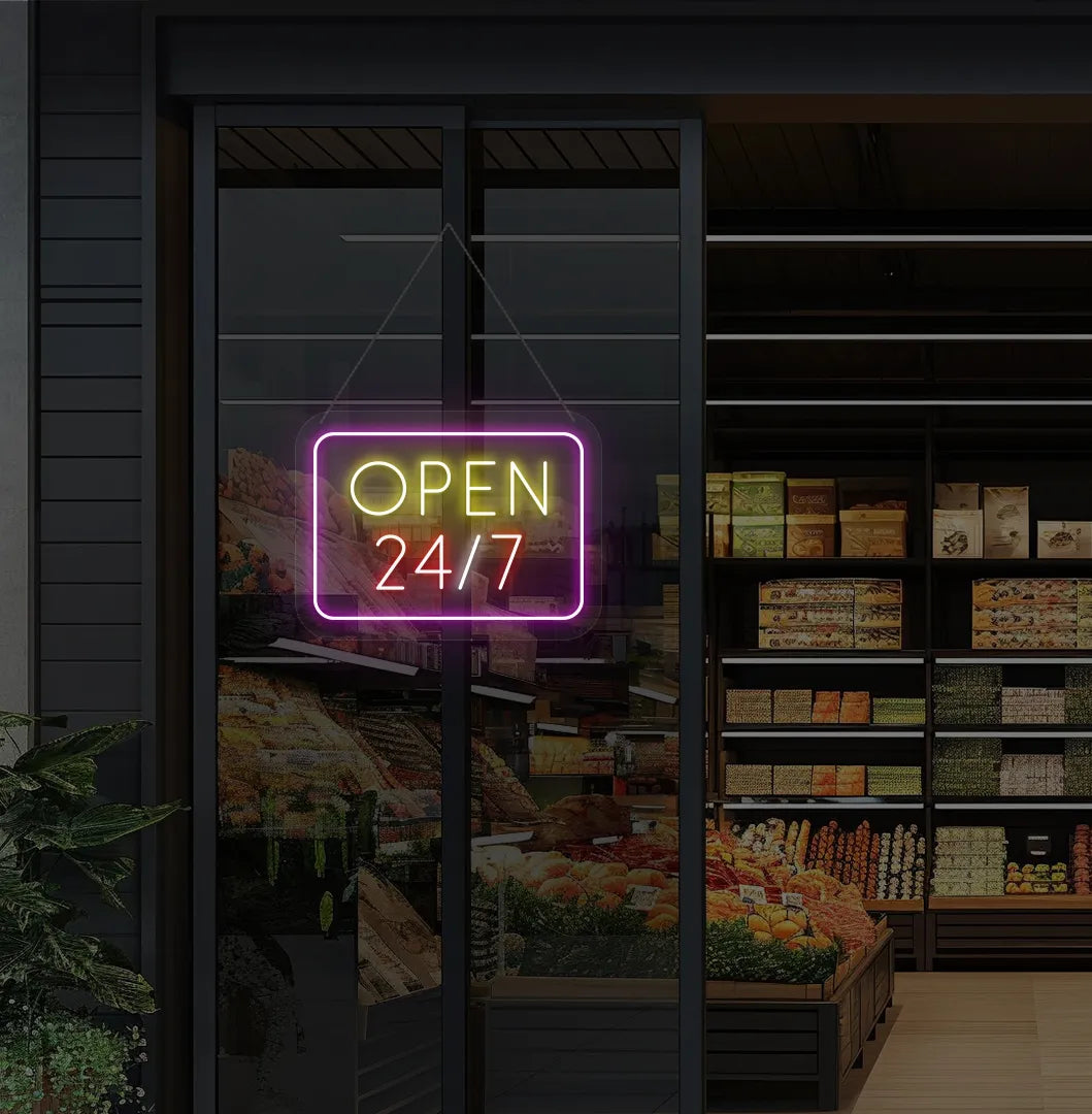 Image of storefront glass door with "24/7 open" neon sign glowing red.