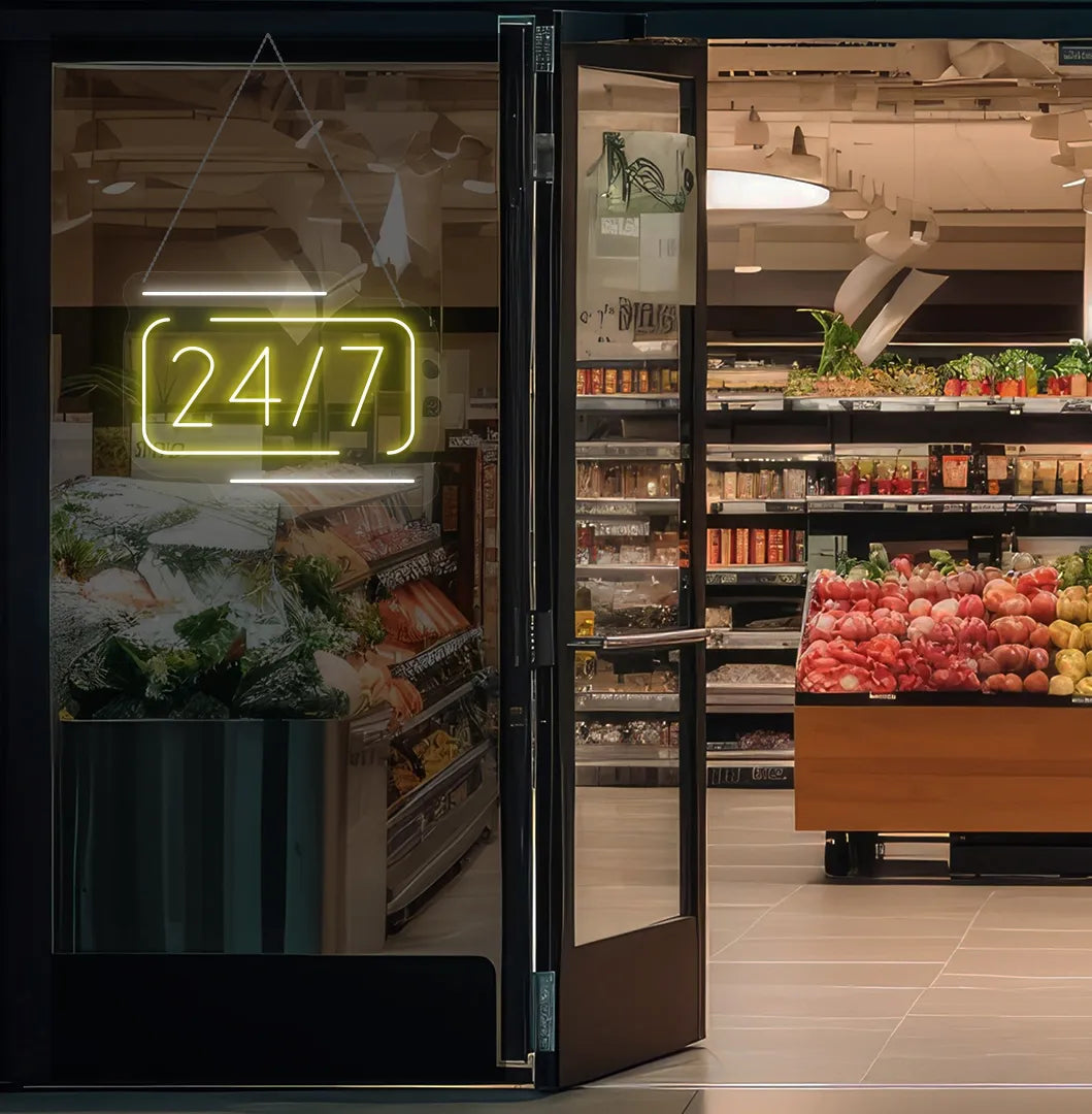 Bright yellow 24 7 LED neon sign hanging on a supermarket glass door.