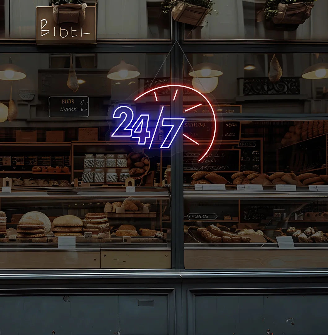 Trendy 24/7 with clock neon sign in blue hanging on bakery storefront glass.