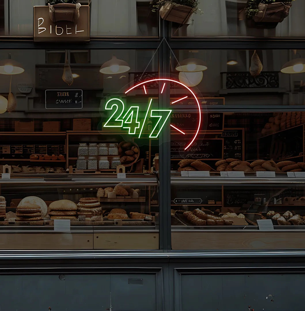 Green LED 24/7 clock neon sign glowing on bakery glass storefront.