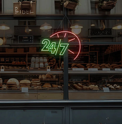 Green LED 24/7 clock neon sign glowing on bakery glass storefront.