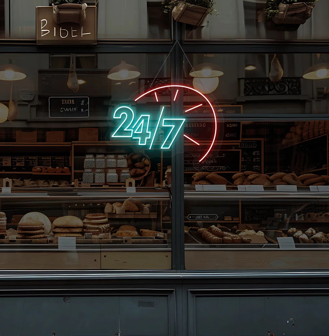 Trendy 24/7 with clock neon sign in ice blue hanging on bakery storefront glass.