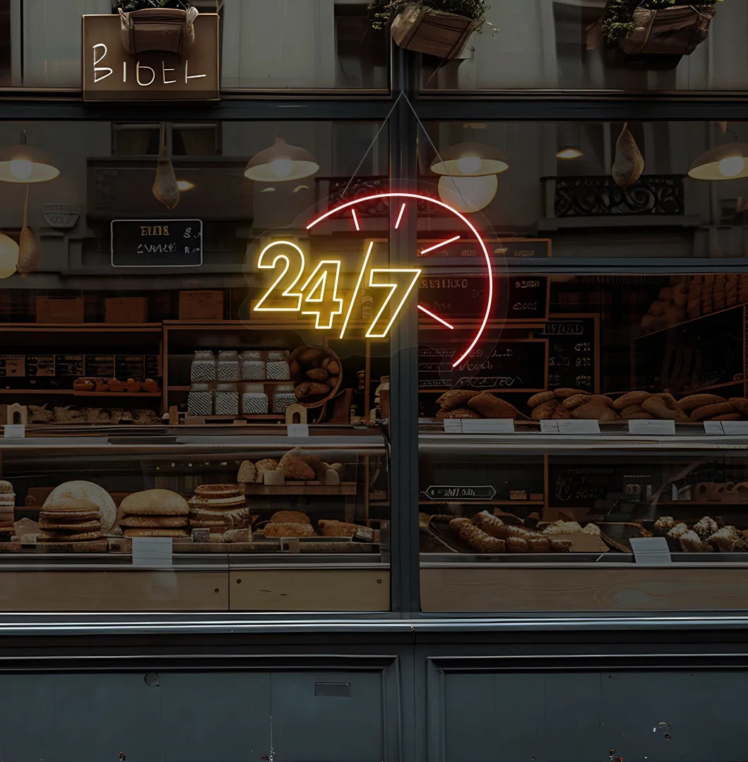 Orange LED 24/7 clock neon sign glowing on bakery glass storefront.