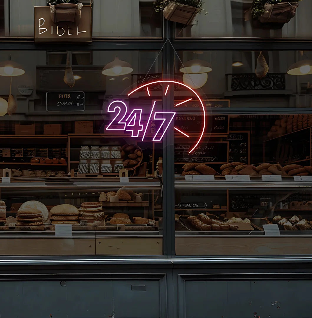 Purple LED 24/7 clock neon sign glowing on bakery glass storefront.