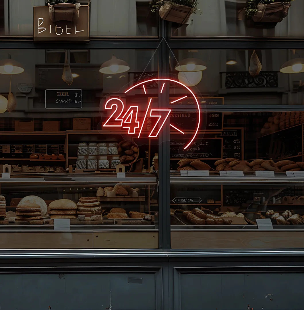 Trendy 24/7 with clock neon sign in red hanging on bakery storefront glass.