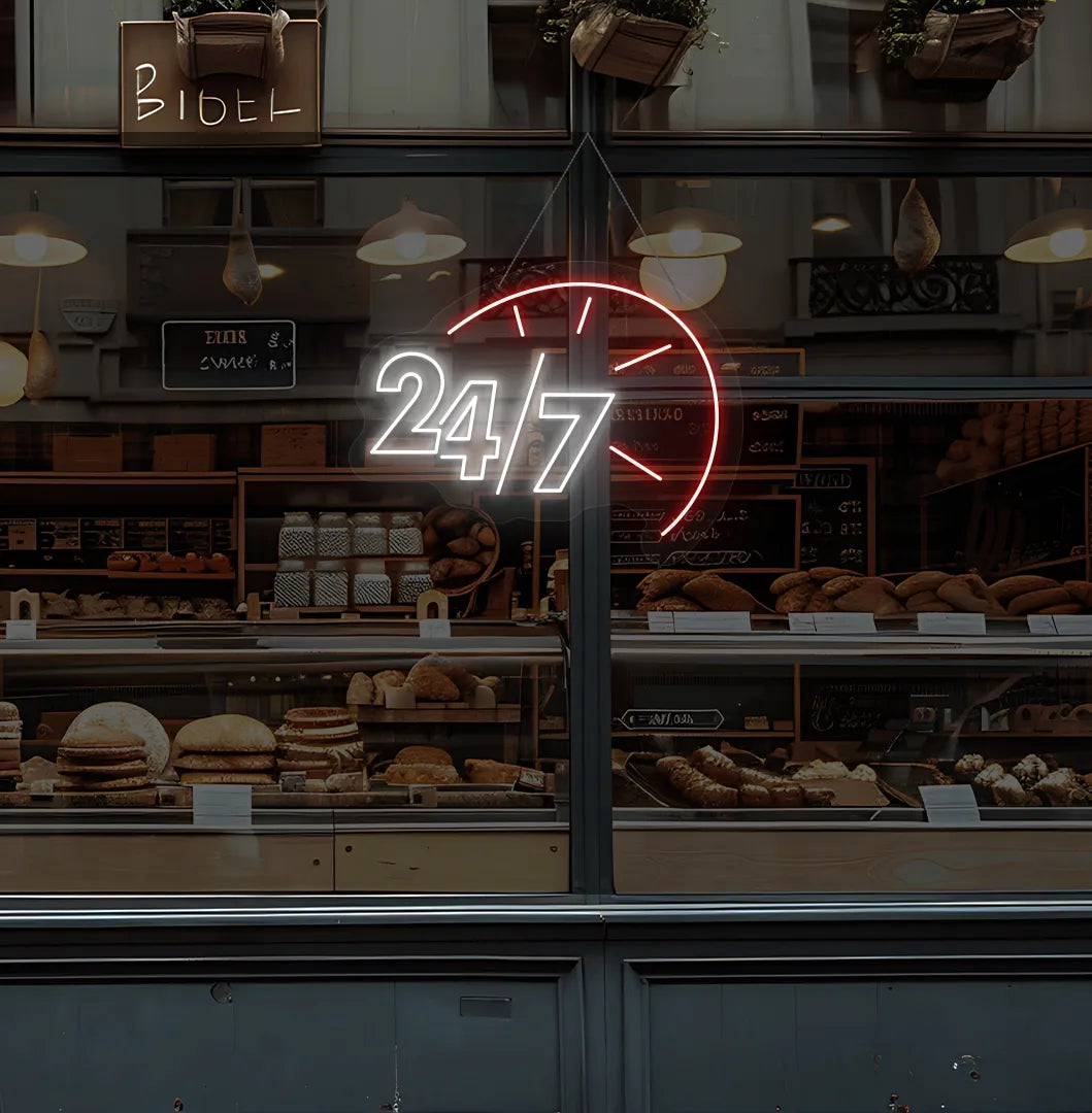 Trendy 24/7 with clock neon sign in white hanging on bakery storefront glass.