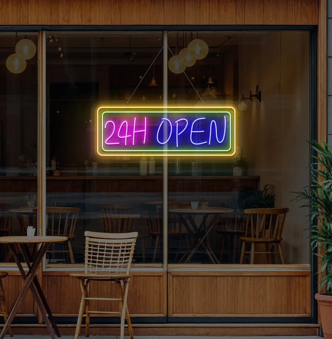 Image of a 24-Hour Open neon sign hanging on cafe glass door in blue color.
