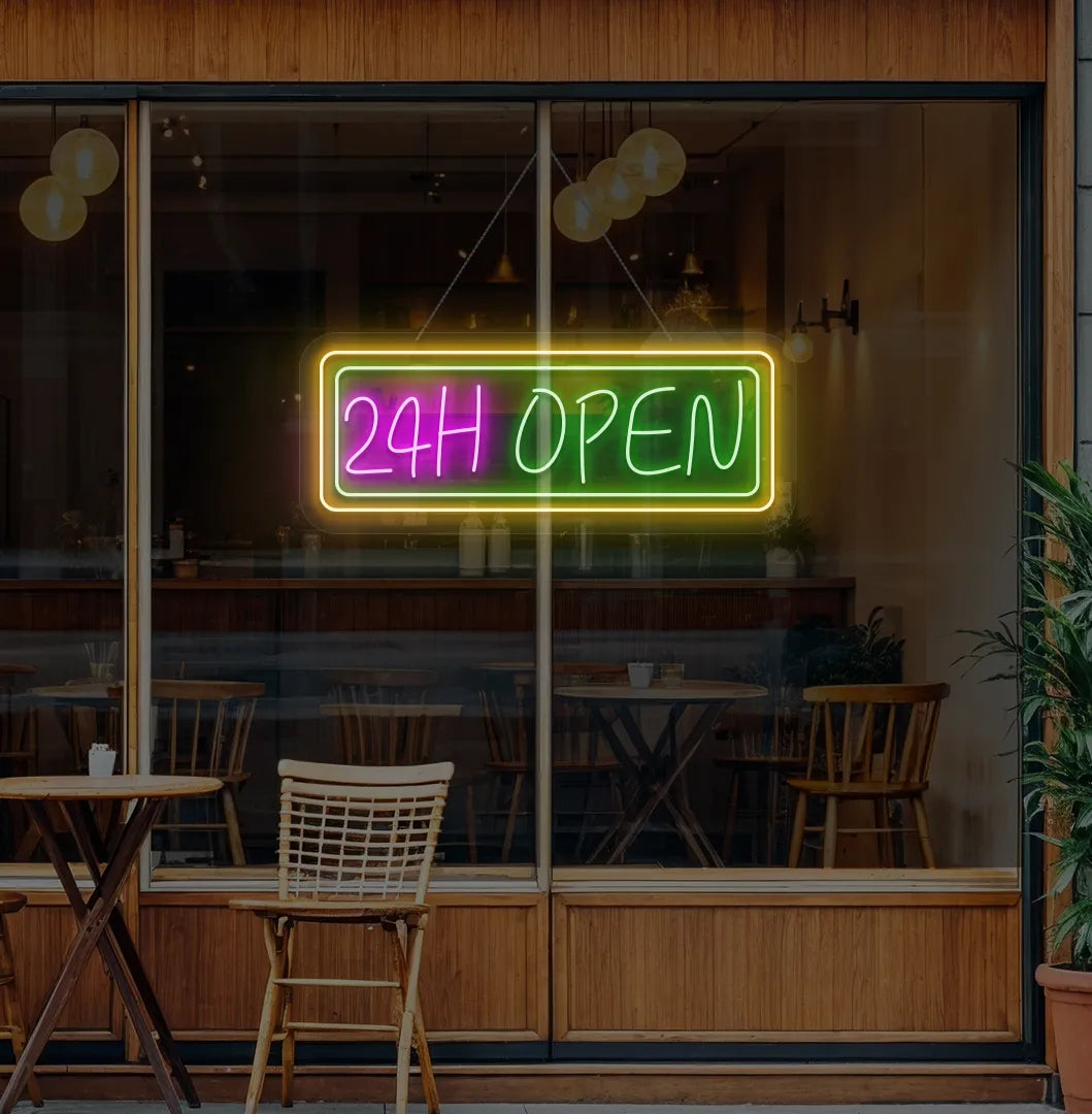 Professional green 24 Hour Open neon sign for cafe storefront window.