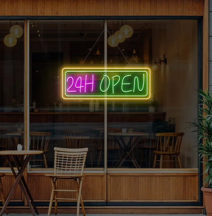 Professional green 24 Hour Open neon sign for cafe storefront window.