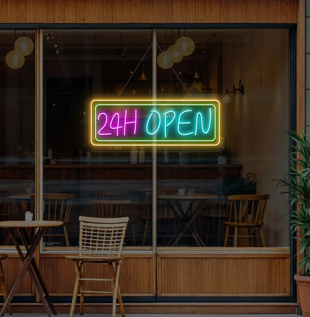 Image of a 24-Hour Open neon sign hanging on cafe glass door in ice blue color.