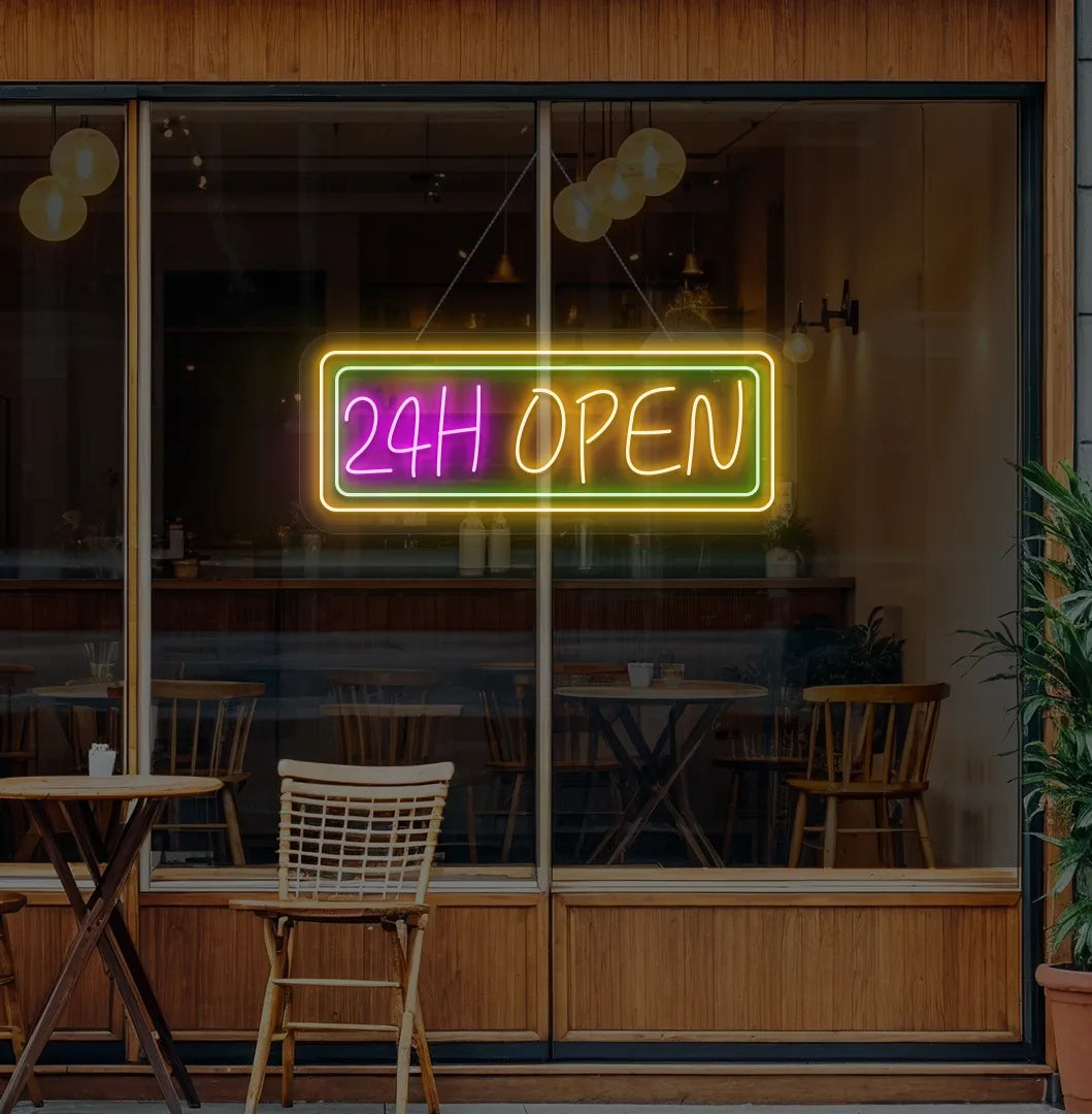 Professional orange 24 Hour Open neon sign for cafe storefront window.
