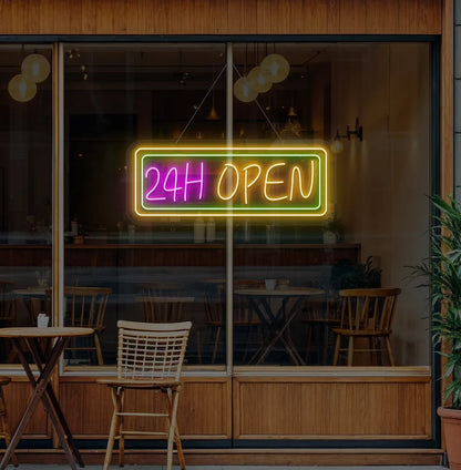 Professional orange 24 Hour Open neon sign for cafe storefront window.