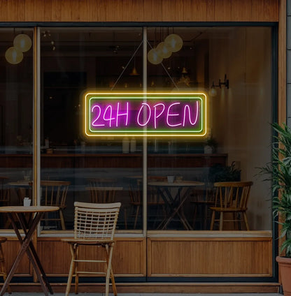 Professional purple 24 Hour Open neon sign for cafe storefront window.