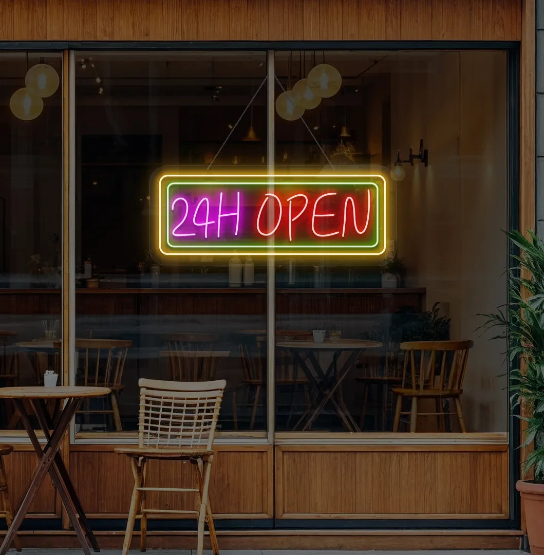 Image of a 24-Hour Open neon sign hanging on cafe glass door in red color.