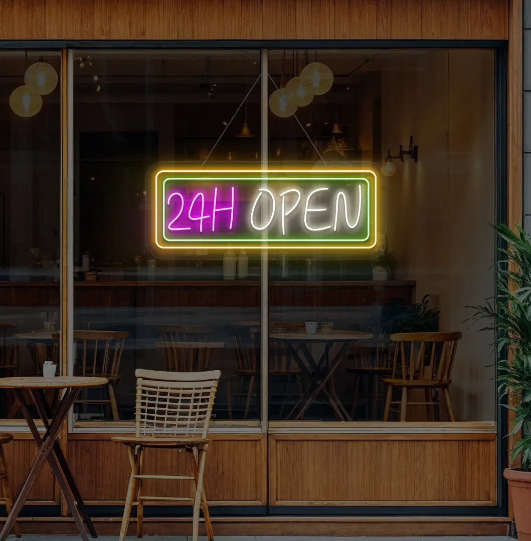 Professional warm white 24 Hour Open neon sign for cafe storefront window.