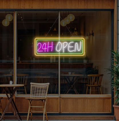 Image of a 24-Hour Open neon sign hanging on cafe glass door in white color.