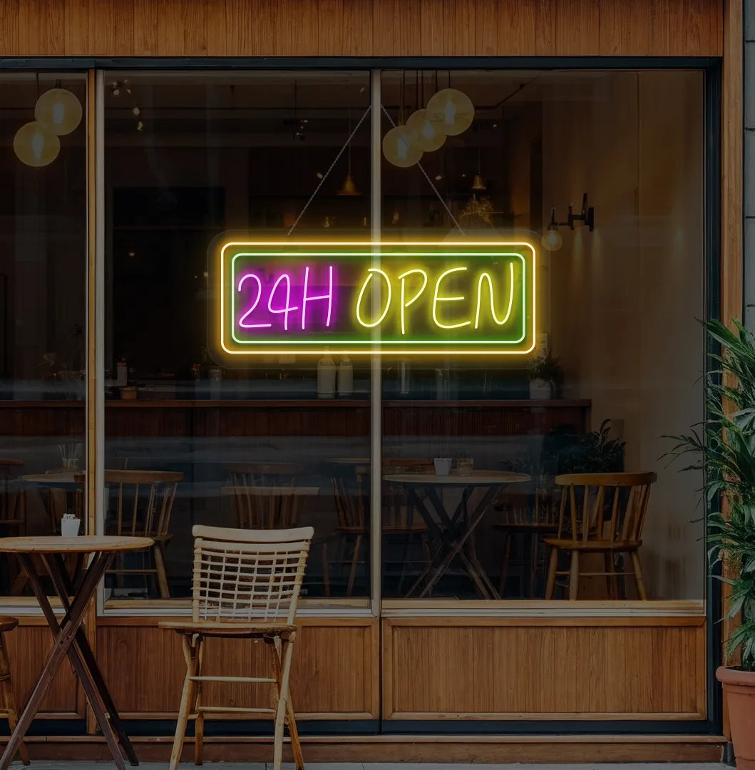 Professional yellow 24 Hour Open neon sign for cafe storefront window.