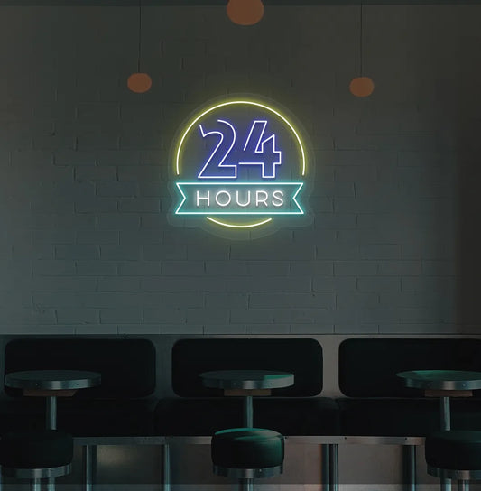 Image of a 24 hours neon sign in blue color mounted on bar wall.