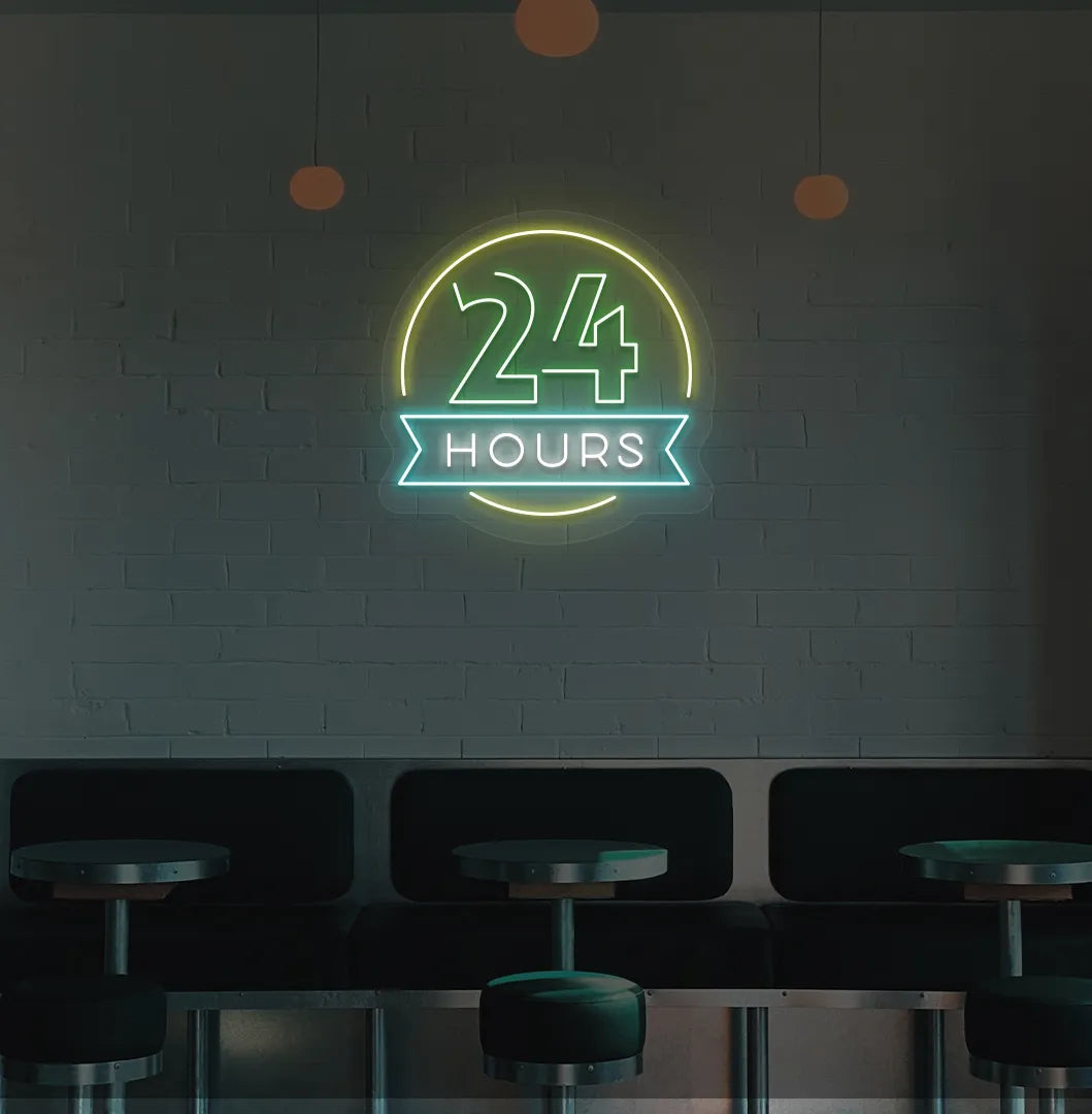 Modern bar wall with 24 hours neon sign glowing green.