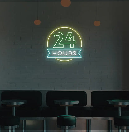 Modern bar wall with 24 hours neon sign glowing green.