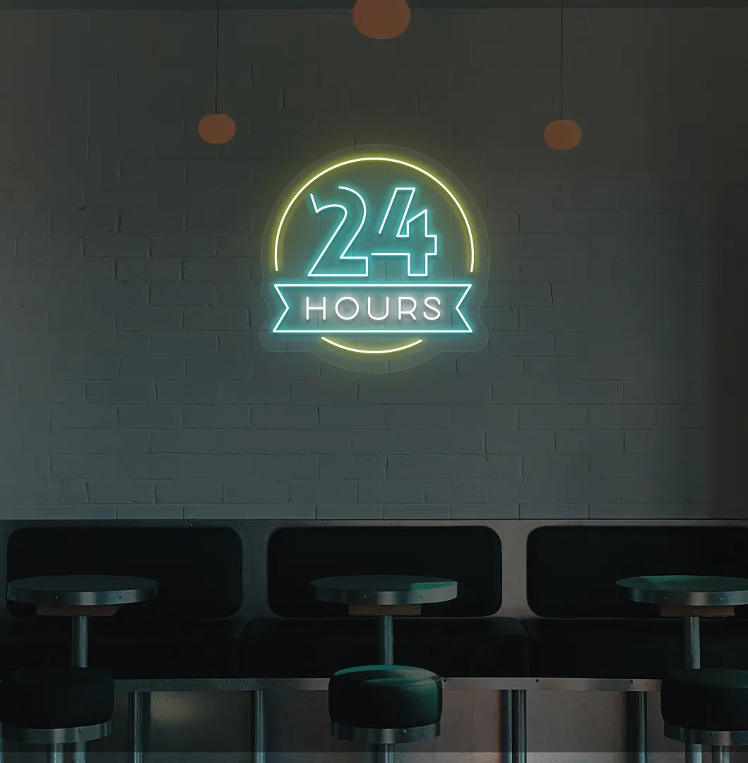 Image of a 24 hours neon sign in ice blue color mounted on bar wall.