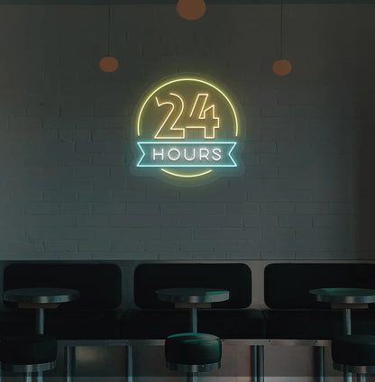 Modern bar wall with 24 hours neon sign glowing orange.