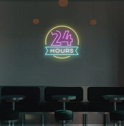 Image of a 24 hours neon sign in pink color mounted on bar wall.
