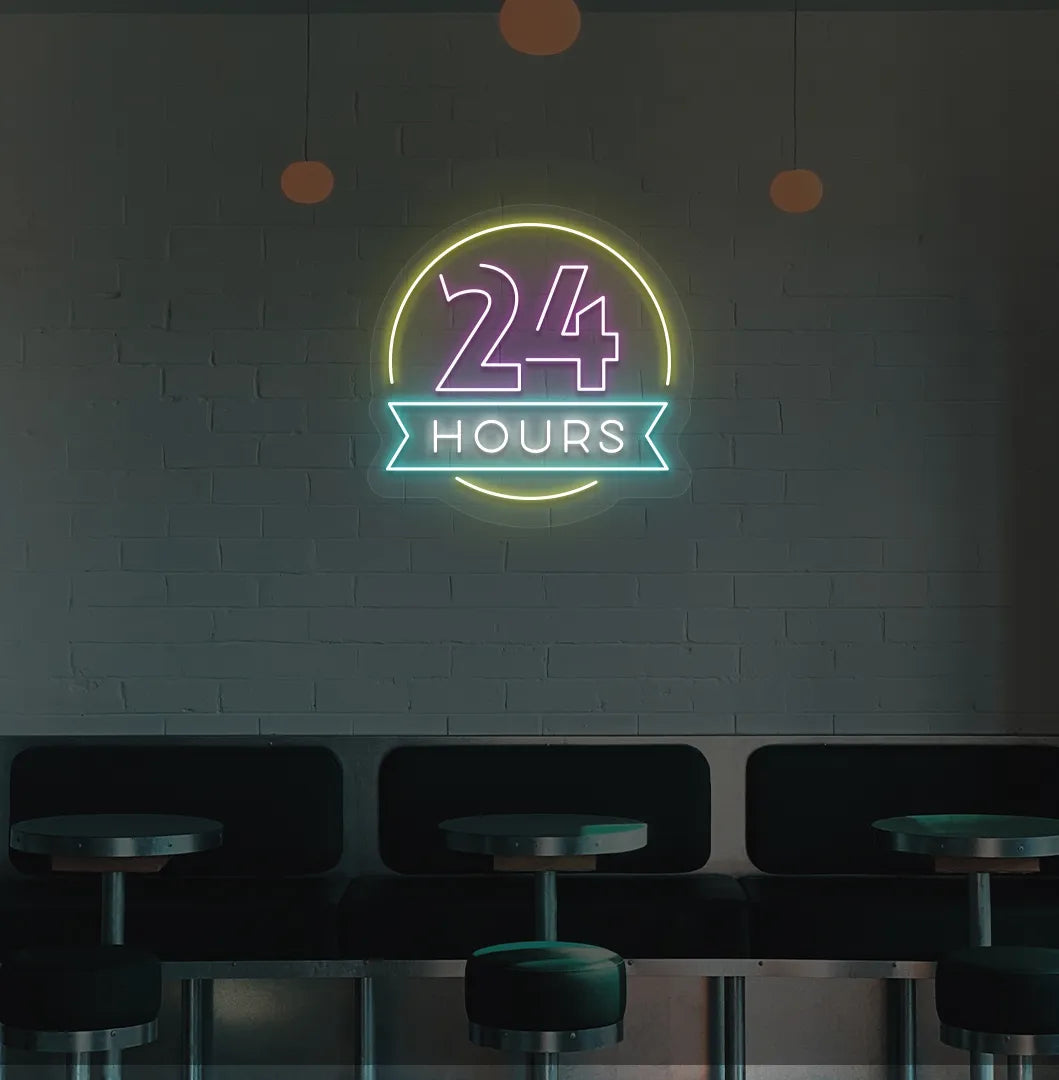Modern bar wall with 24 hours neon sign glowing purple.