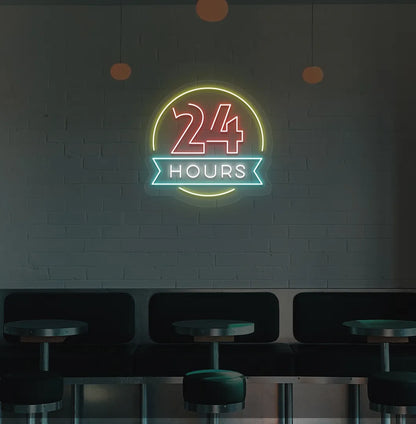 Image of a 24 hours neon sign in red color mounted on bar wall.