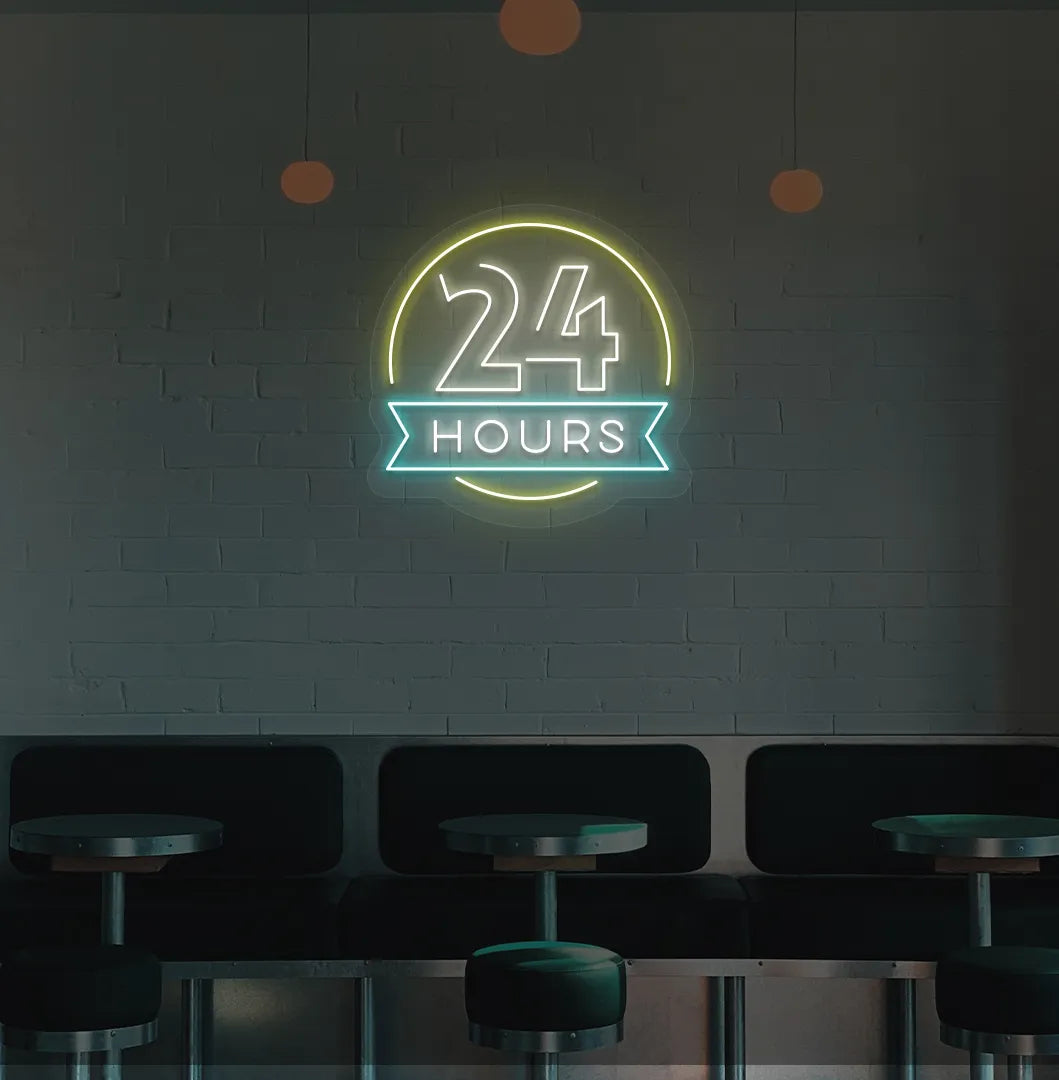 Modern bar wall with 24 hours neon sign glowing warm white.