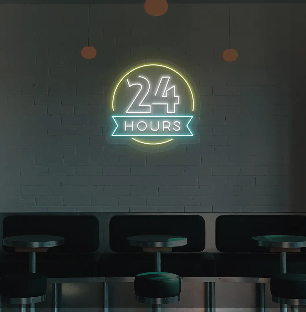 Image of a 24 hours neon sign in white color mounted on bar wall.