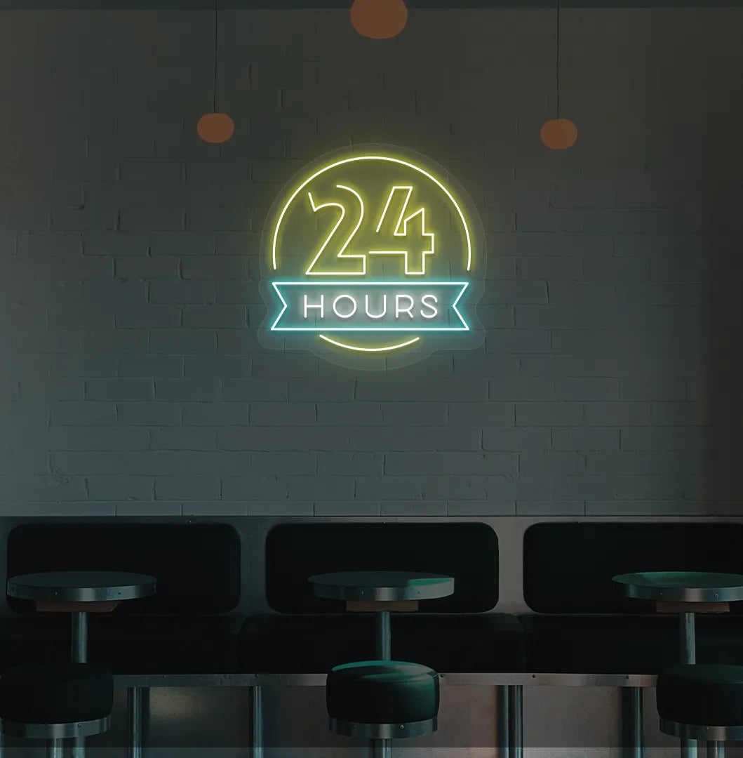 Modern bar wall with 24 hours neon sign glowing yellow.