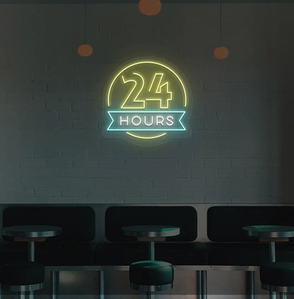 Modern bar wall with 24 hours neon sign glowing yellow.