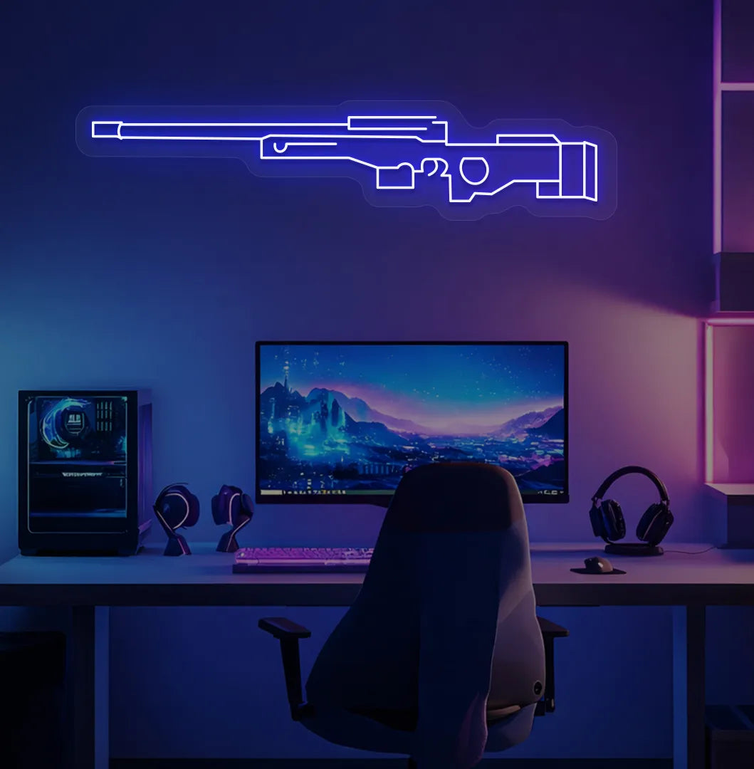 Image of a stylish AWM gaming gun neon light in blue mounted on gaming room wall.