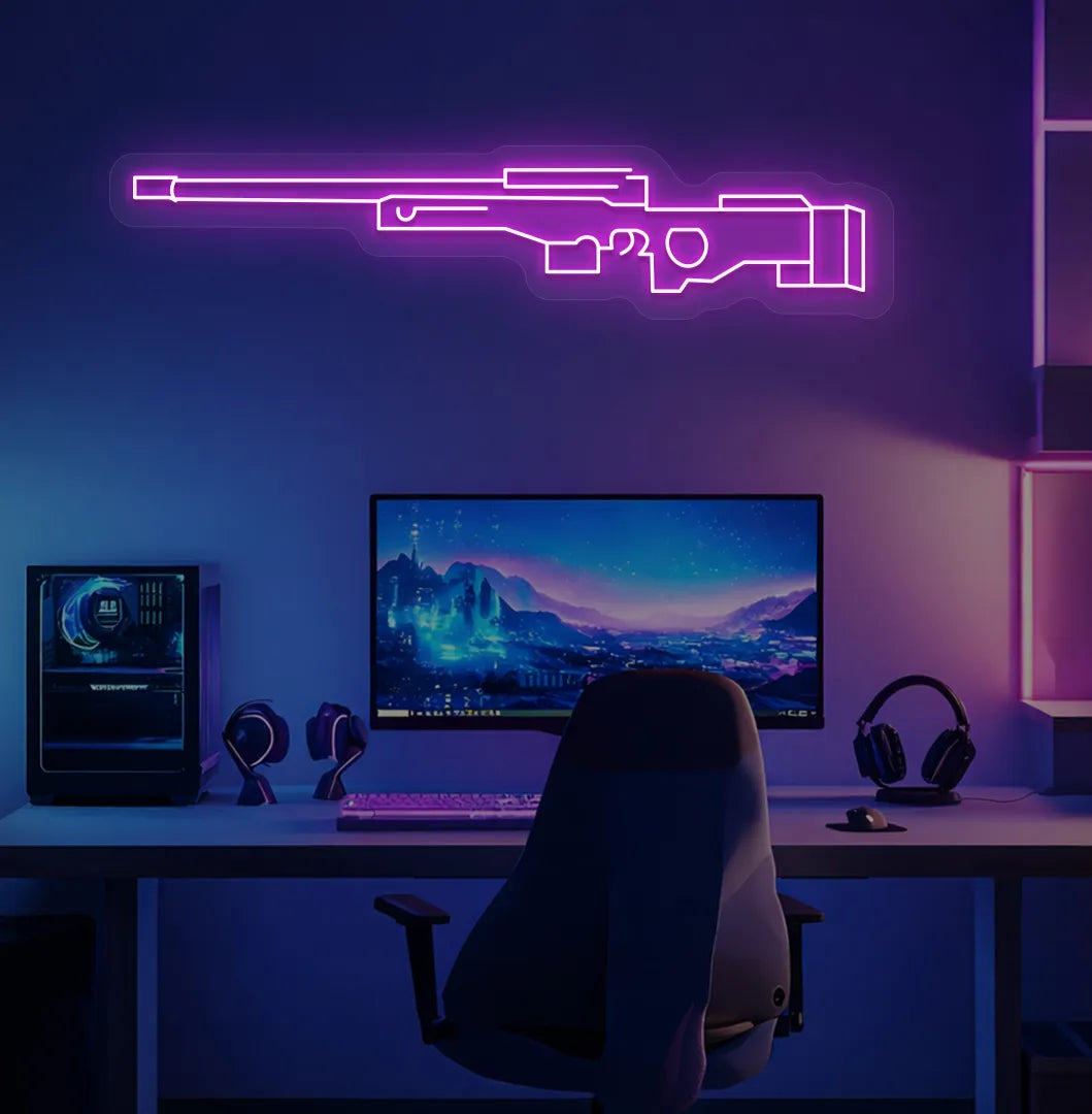 Image of a stylish AWM gaming gun neon light in pink mounted on gaming room wall.
