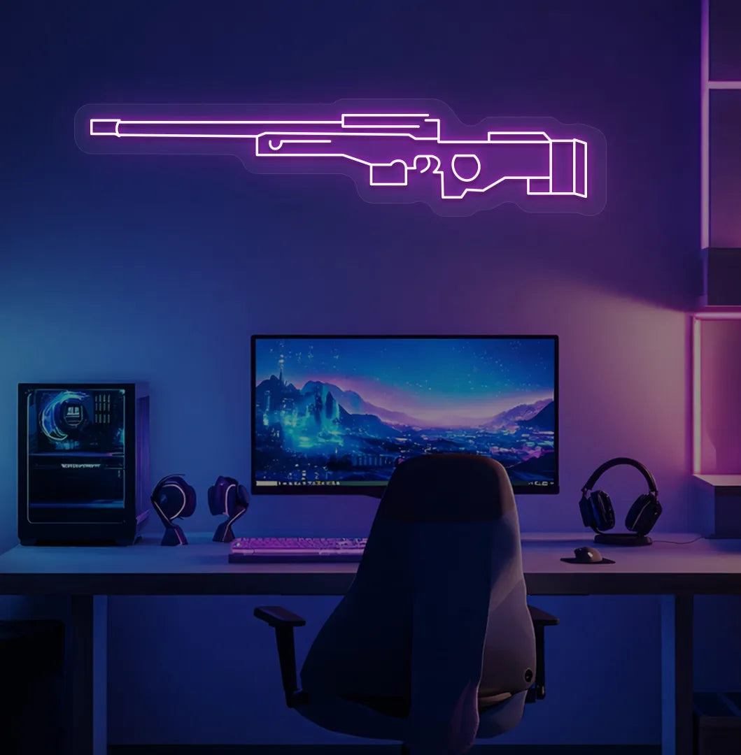 Green "AWM gaming gun" LED neon sign glowing purple on aesthetic gaming room.