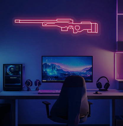 Image of a stylish AWM gaming gun neon light in red mounted on gaming room wall.