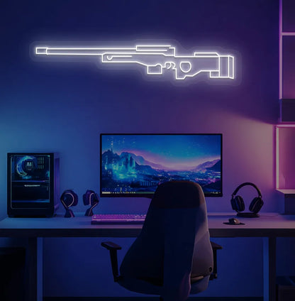 Image of a stylish AWM gaming gun neon light in white mounted on gaming room wall.