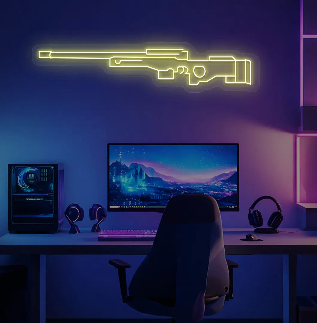 Green "AWM gaming gun" LED neon sign glowing yellow on aesthetic gaming room.