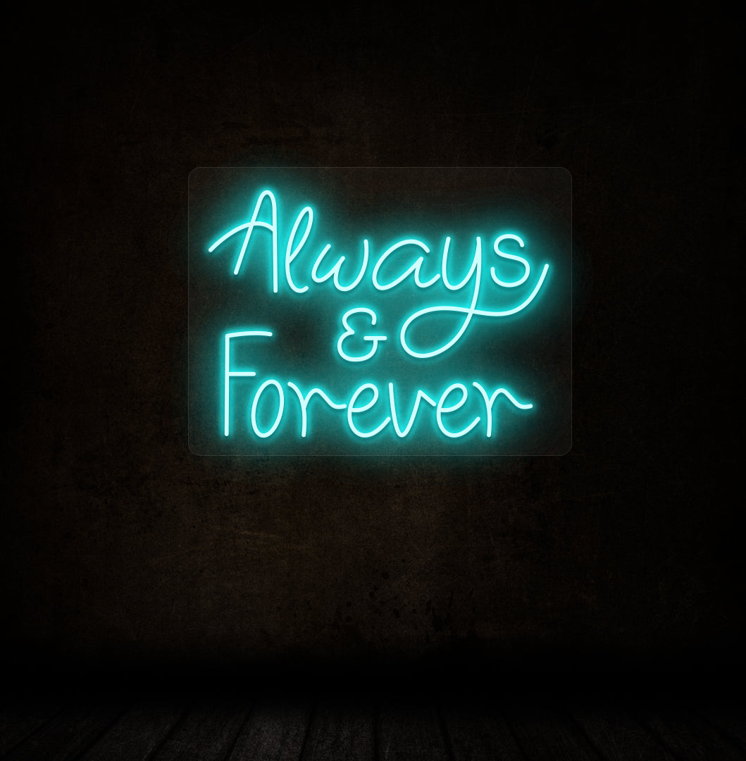 Always & Forever LED neon light in Ice blue, designed for couples' rooms and as gift items.