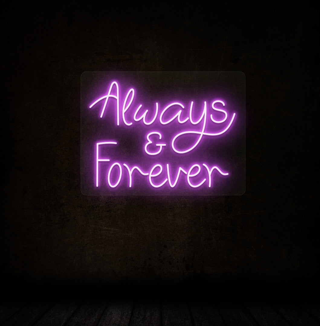 Image of an Always & Forever LED neon sign glowing on a dark wall in purple color.