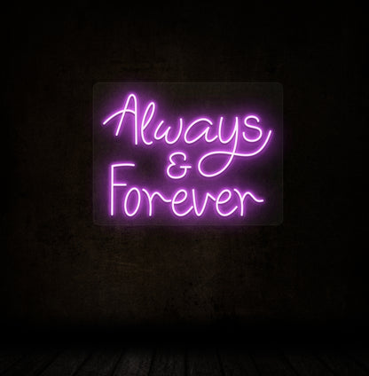 Image of an Always & Forever LED neon sign glowing on a dark wall in purple color.