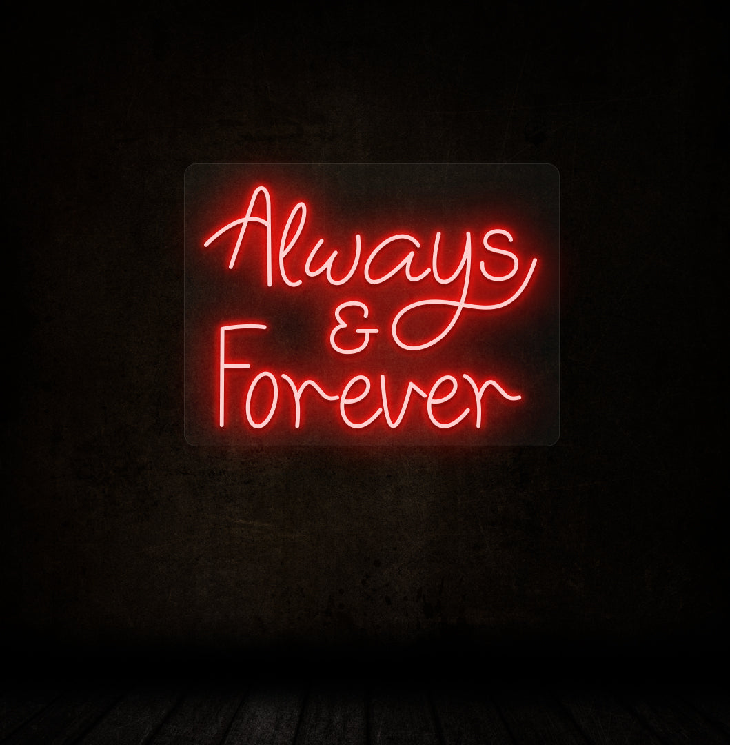 The romantic red neon sign "Always & Forever" is perfect for bedroom décor, wedding backdrops, anniversary celebrations, and romantic gifts.