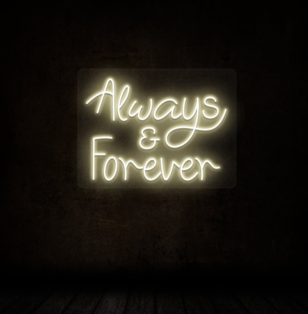 Always & Forever LED neon light in warm white, designed for couples' rooms and as gift items.