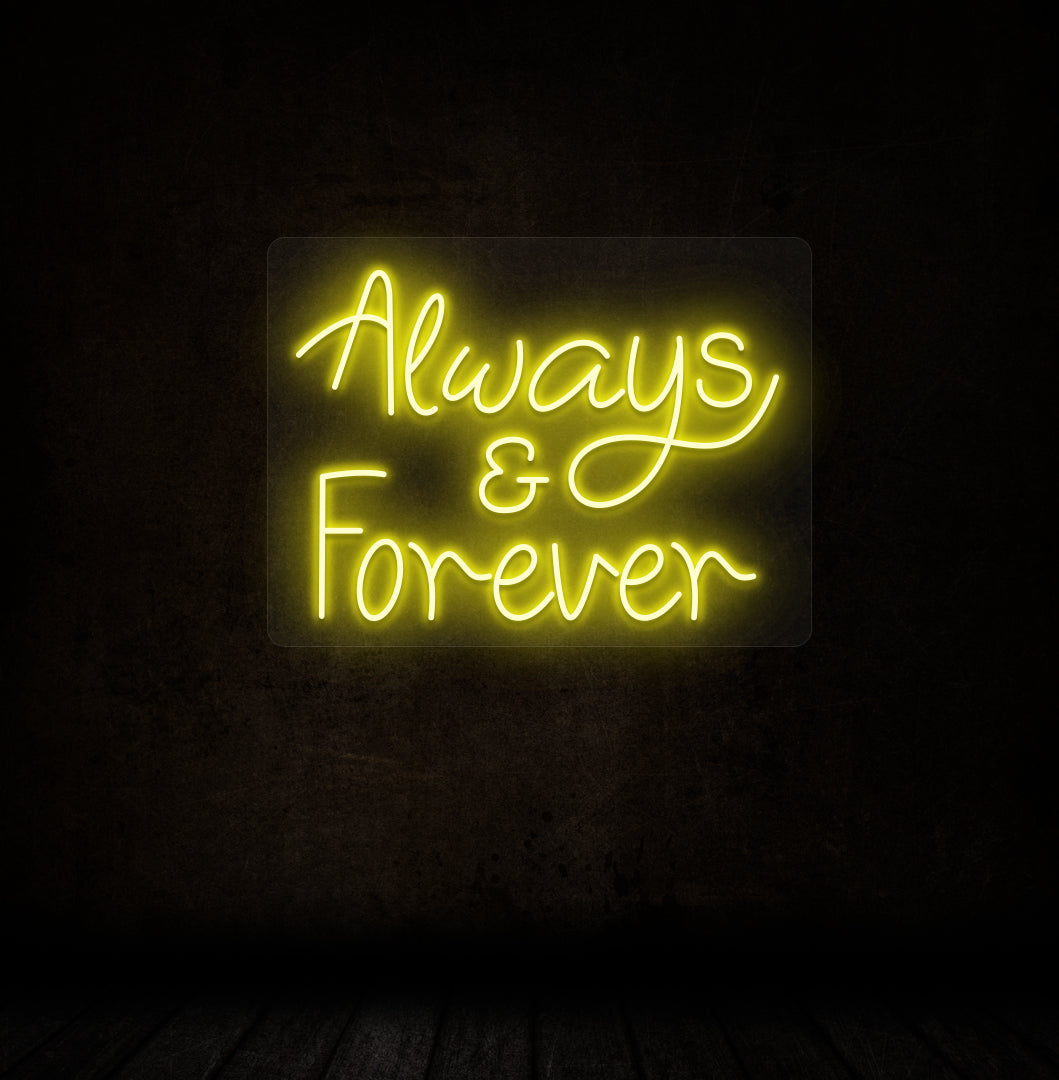 Always & Forever LED neon light in yellow, designed for couples' rooms and as gift items.
