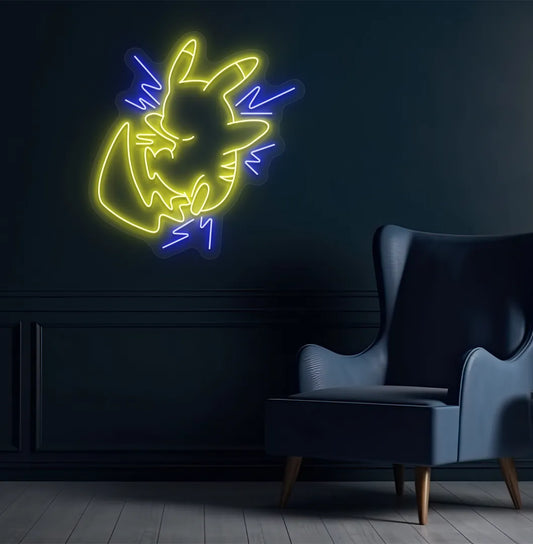 Image of an Anime-inspired Pikachu blue neon sign glowing on decorative wall.