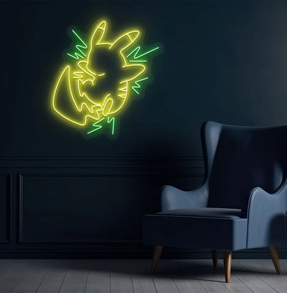 Cute Anime Pikachu neon sign mounted on modern bedroom wall in yellow & green color.