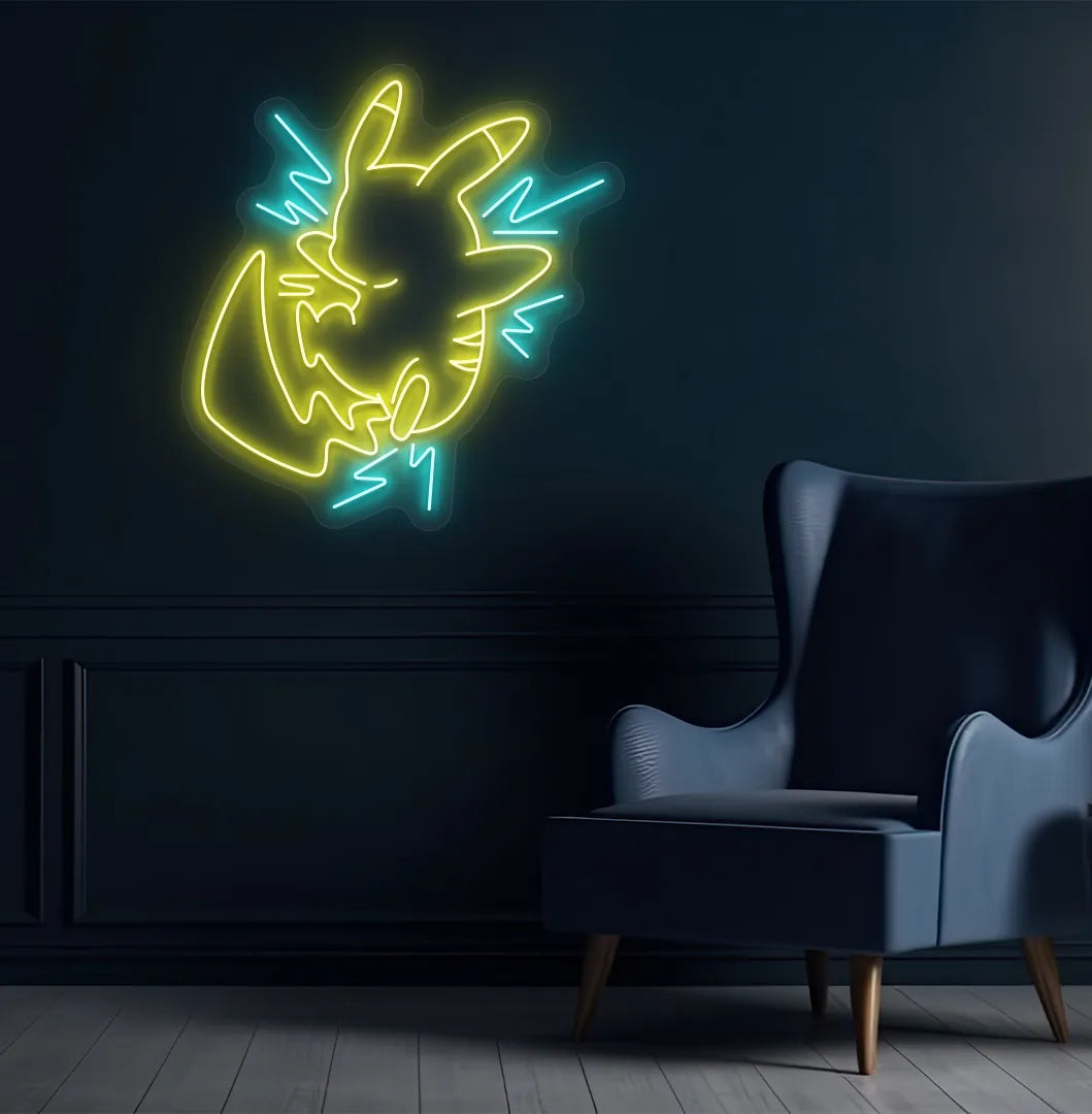 Image of an Anime-inspired Pikachu ice blue neon sign glowing on decorative wall.