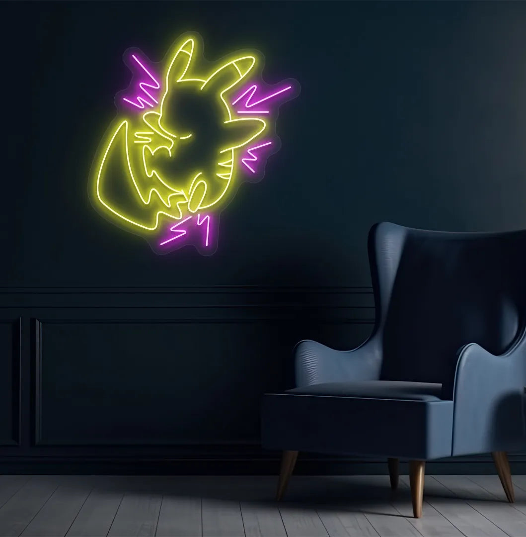 Image of an Anime-inspired Pikachu pink neon sign glowing on decorative wall.